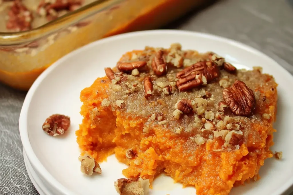 Serving of Paula Deen’s Sweet Potato Casserole with pecan streusel topping