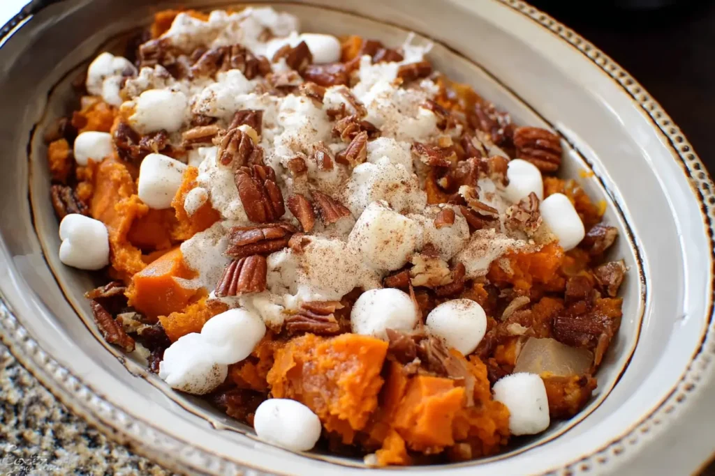 Serving of Crockpot Sweet Potato Casserole with melted marshmallows