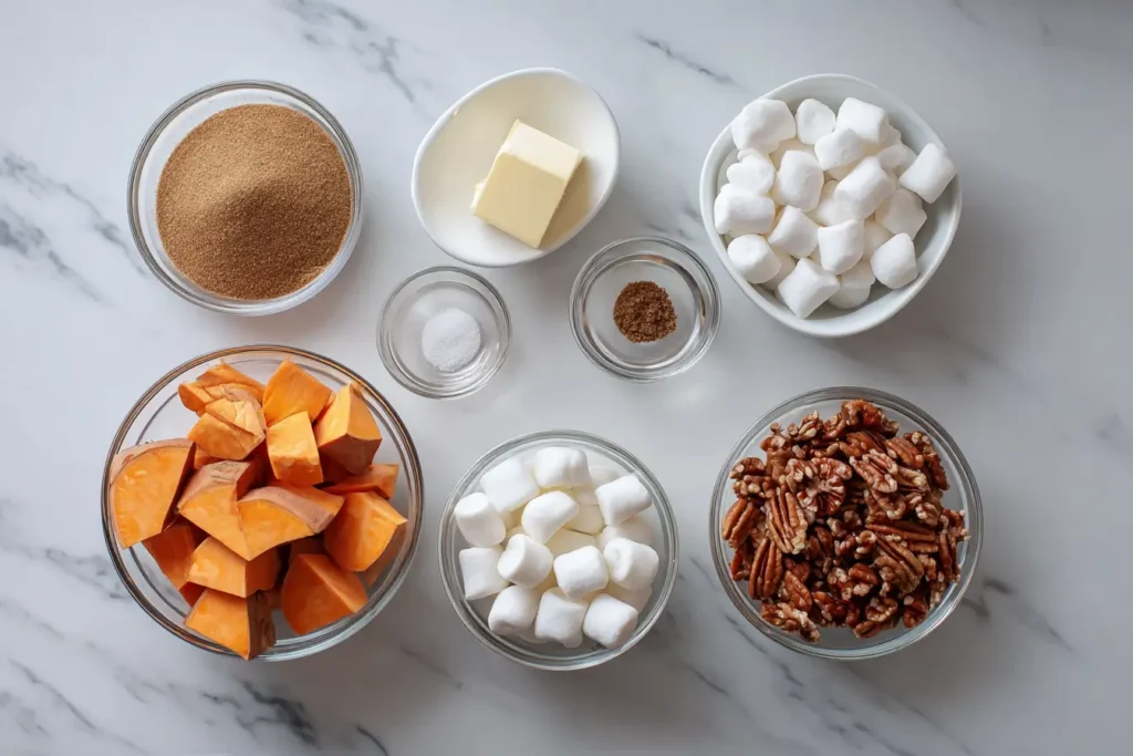 Ingredients for Crockpot Sweet Potato Casserole on a wooden table