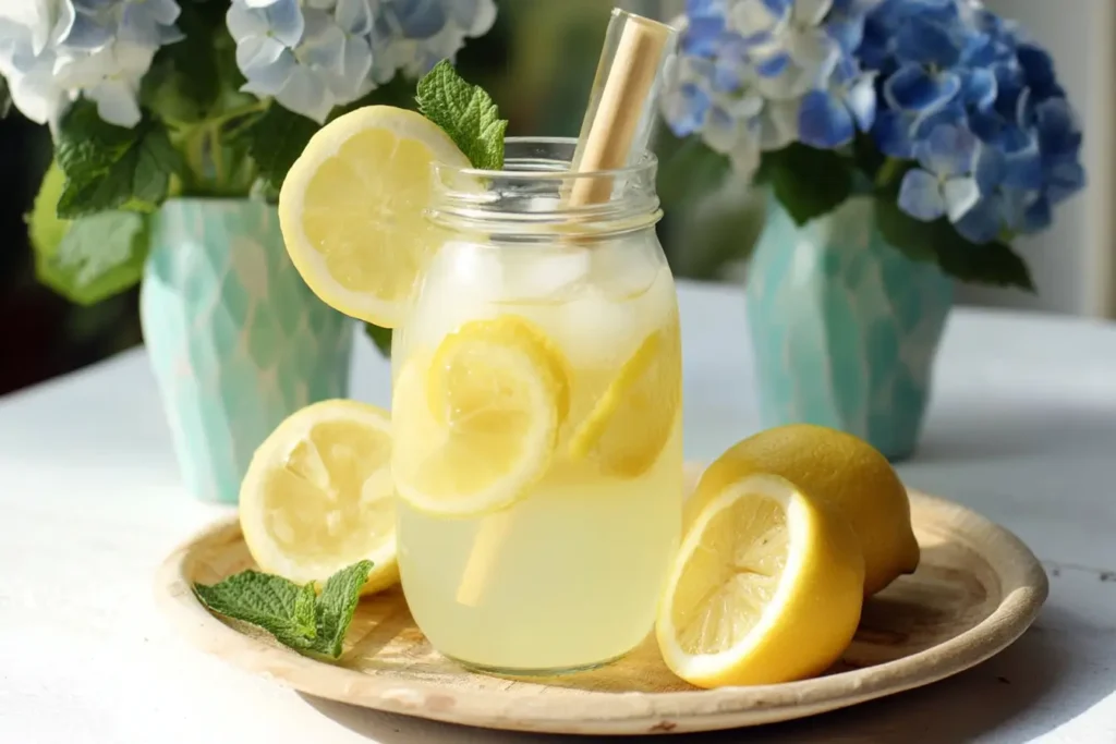 Glass of ginger lemonade with lemon wheel, ginger slice, and mint