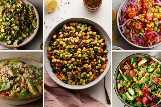 Collage of Mediterranean, Southwest, Greek, and Asian-style bean salad recipes