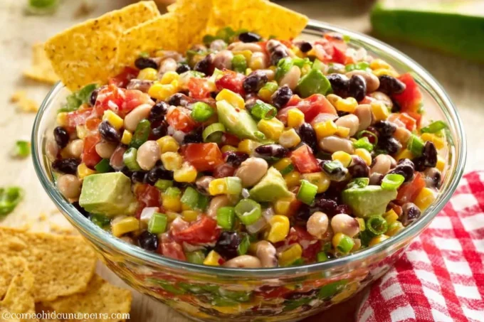 Cowboy Caviar with beans, corn, avocado, and tortilla chips