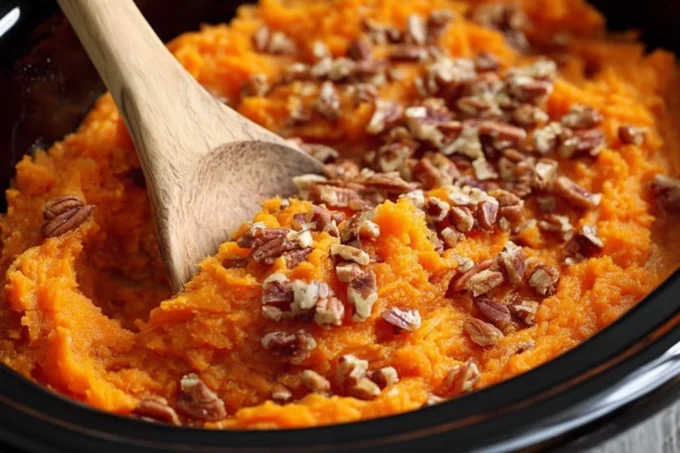 Crockpot Sweet Potato Casserole with pecan topping and creamy filling