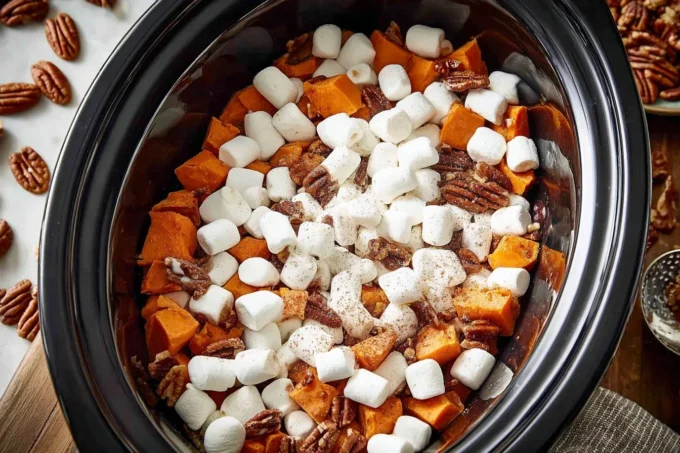 Crockpot Sweet Potato Casserole with marshmallows and pecans