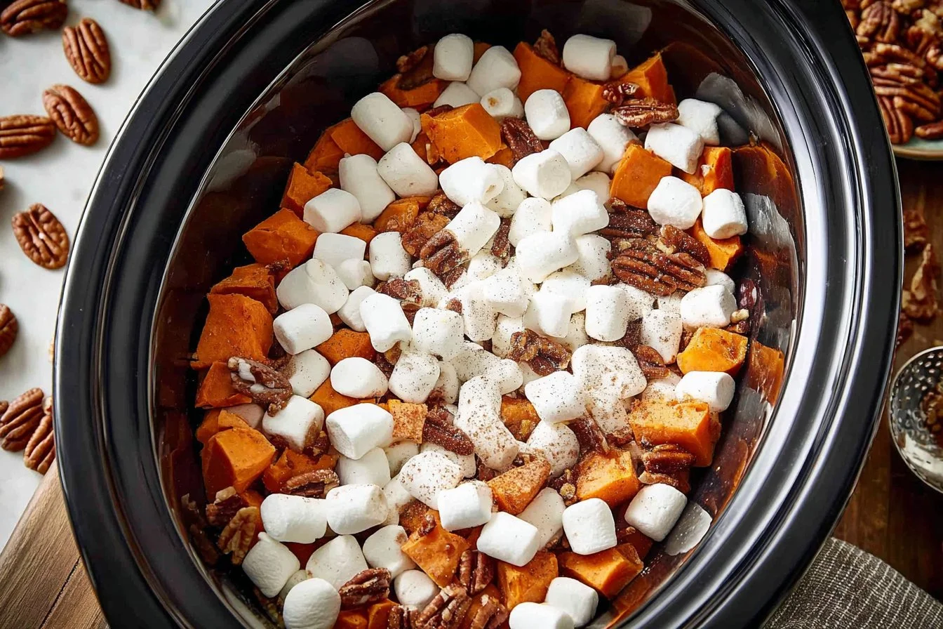 Crockpot Sweet Potato Casserole with marshmallows and pecans