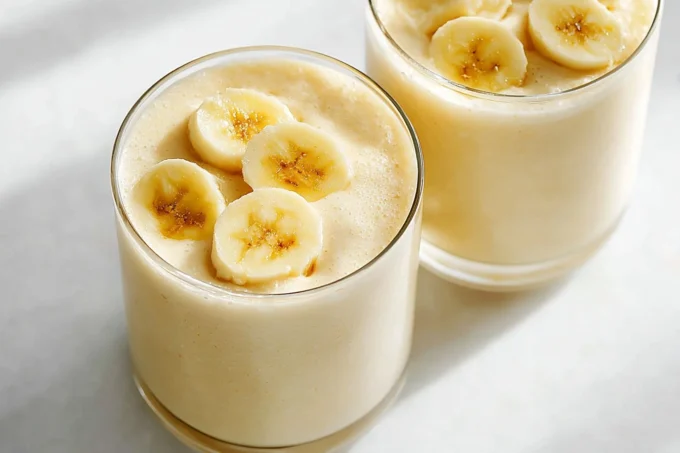 Easy Banana Smoothie in a chilled glass with banana slice and straw