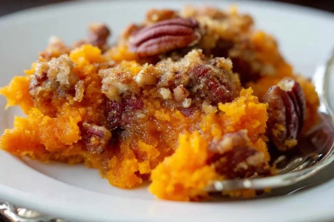 Easy Sweet Potato Casserole with pecan topping in a white baking dish