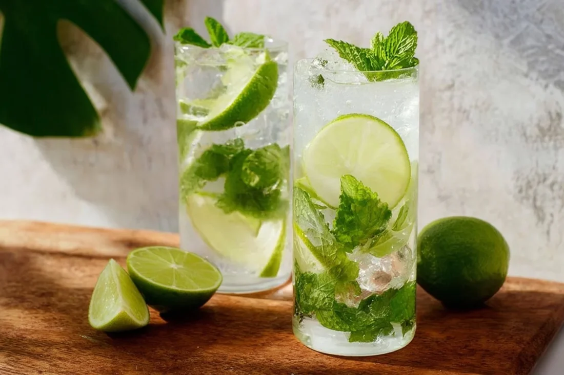 Easy Virgin Mojito Mocktail with lime wedges and fresh mint over ice