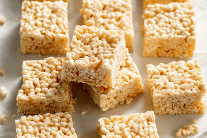 Stack of gooey Family Favorite Rice Krispie Treats on marble countertop