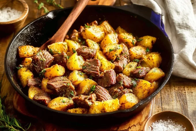 Skillet of garlic butter steak bites with golden potatoes and herbs, steaming and glossy.