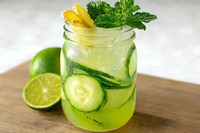 Ginger Mojito Mocktail in a tall glass with mint, lime, cucumber and ice