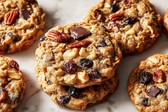 Stack of gluten-free chocolate chip oat cookies with almond milk