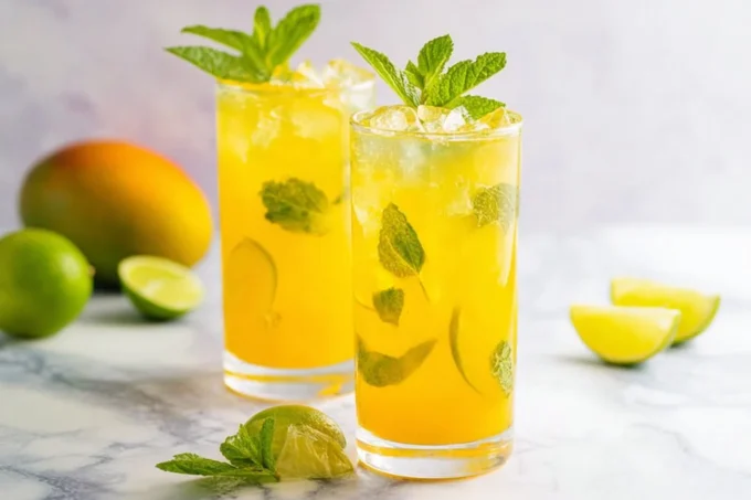 Mango Mojito Mocktail in a tall glass with mint, lime, and ice