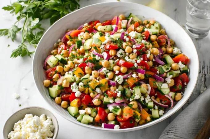 Mediterranean Chickpea Salad with chickpeas, feta, and colorful vegetables Title: Mediterranean Chickpea Salad – Fresh & Flavorful