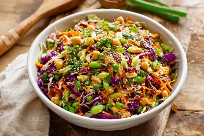 Miso Sesame Salad with dense beans and fresh vegetables in a bowl