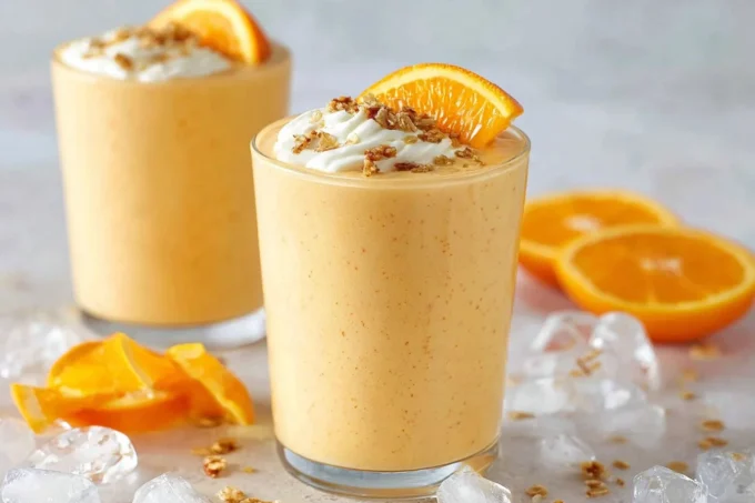 Tall frothy Orange Julius Smoothie garnished with an orange slice.
