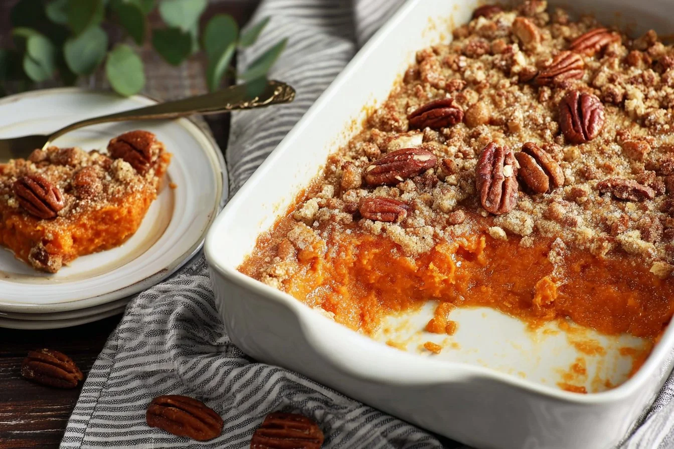 Paula Deen’s Sweet Potato Casserole with pecan topping in a white baking dish