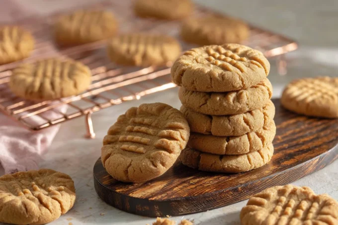 Stack of classic peanut butter cookies on a wooden plate.