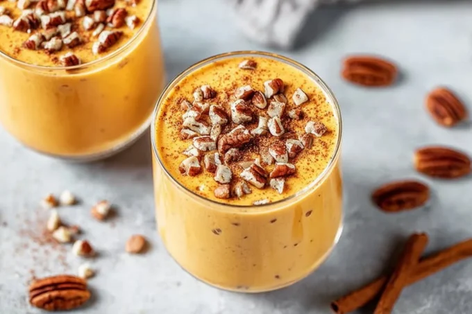 Tall creamy pumpkin pie smoothie with cinnamon and straw.