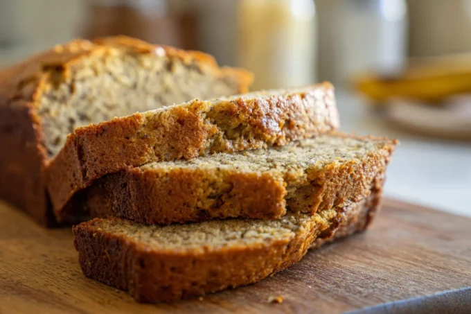 Sliced Air Fryer Banana Bread Mini Loaf on a board