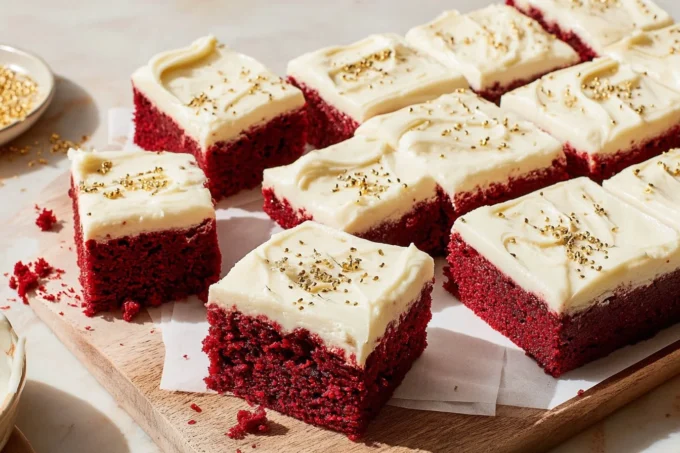 Red velvet sheet cake topped with cream cheese frosting and sprinkles