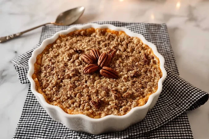 Slow Cooker Sweet Potato Casserole topped with pecans and brown sugar crumble