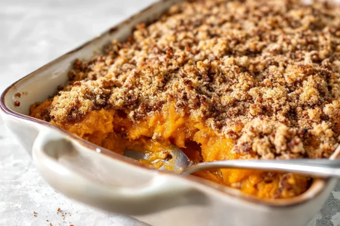 Sweet Potato Casserole with pecan topping in a baking dish