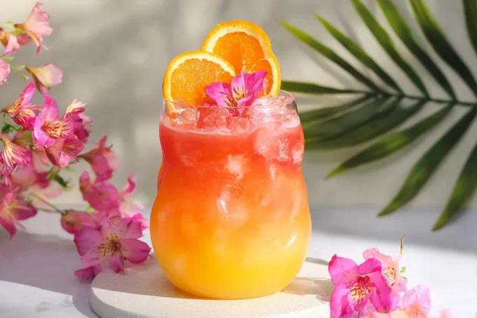Tropical mocktail with mango, pineapple, coconut water and hibiscus over ice.