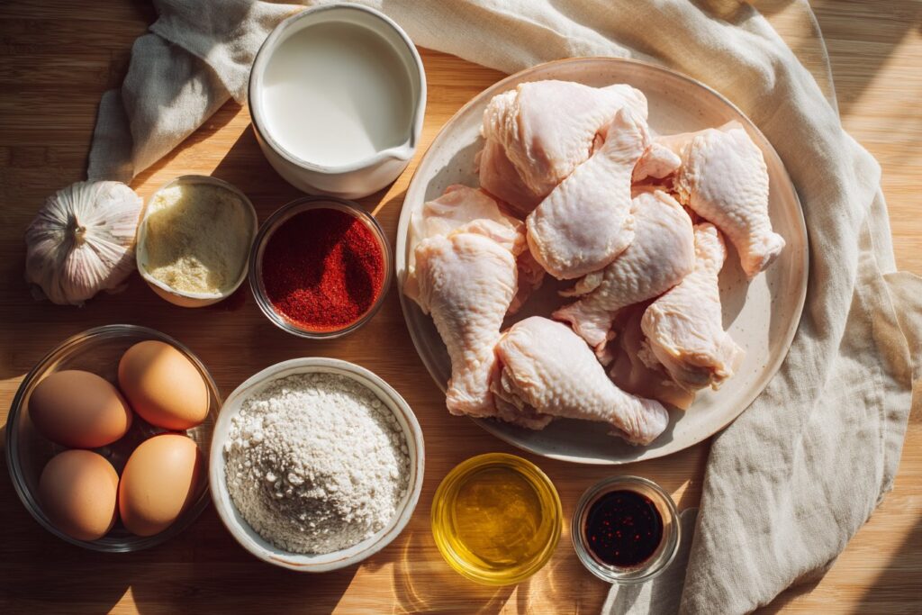 Coating marinated chicken in seasoned flour for a buttermilk fried chicken recipe