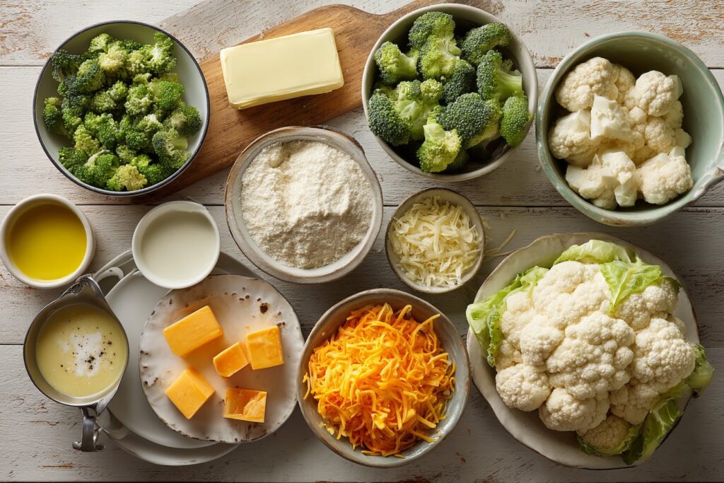 Fresh raw ingredients for the soup: chopped broccoli and cauliflower florets, shredded carrot, yellow onion, and grated cheddar cheese.