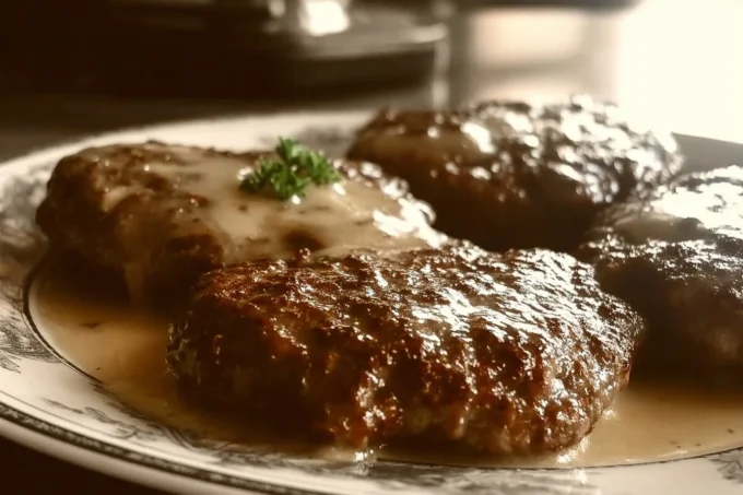 Amish Hamburger Steak Bake with rich gravy and sides, a hearty meal option.