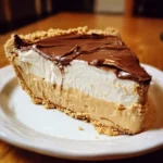 Amish peanut butter cream pie topped with whipped cream and chocolate drizzle.