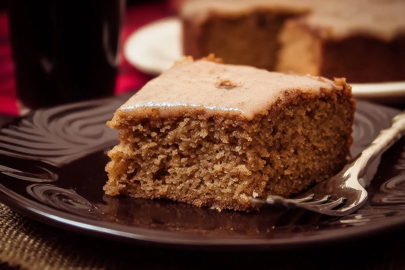 Delicious slice of Apple Butter Cake topped with apples and cinnamon