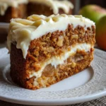 Slice of apple cake with cream cheese frosting on a plate
