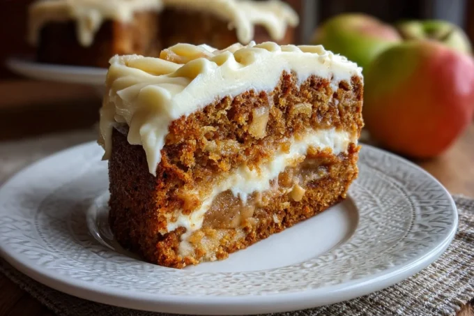 Slice of apple cake with cream cheese frosting on a plate
