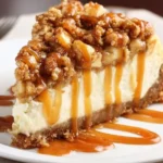 Delicious apple crisp cheesecake topped with crunchy apples and caramel