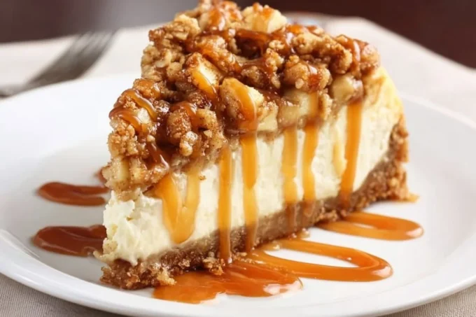 Delicious apple crisp cheesecake topped with crunchy apples and caramel