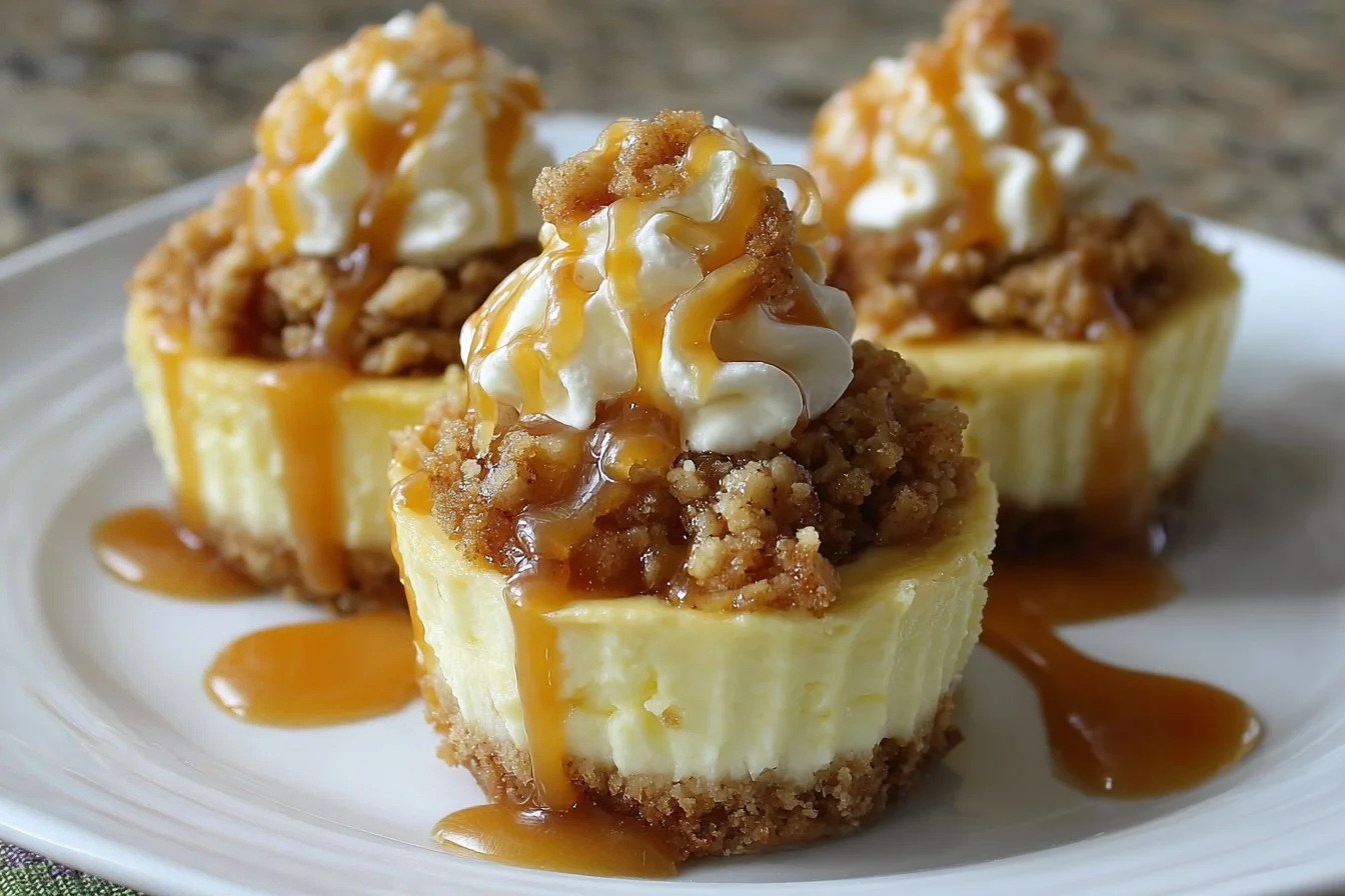 Delicious Apple Crisp Mini Cheesecakes with a crunchy topping and creamy filling