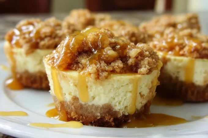 Delicious Apple Crisp Mini Cheesecakes topped with buttery crumble