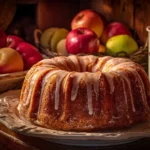 Homemade applesauce cake decorated with frosting and fresh apples
