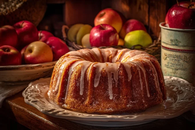 Homemade applesauce cake decorated with frosting and fresh apples