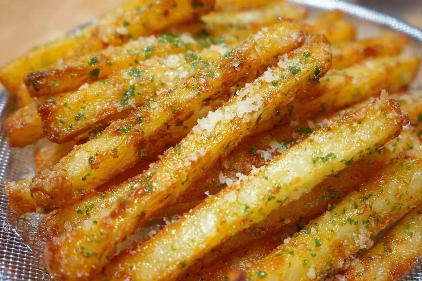 Delicious baked garlic parmesan fries served as a crispy side dish