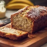 Freshly baked banana bread loaf with slices on a wooden board