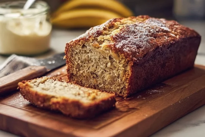 Freshly baked banana bread loaf with slices on a wooden board