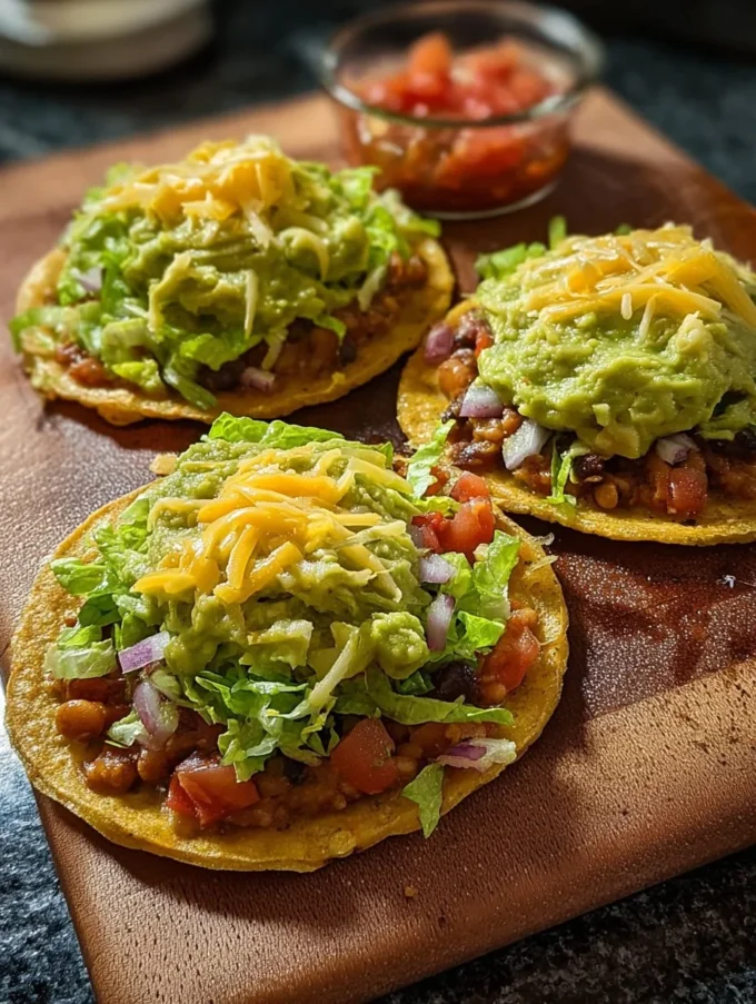 Colorful bean tostadas topped with guacamole, lettuce, cheese, and salsa