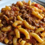 Delicious Beef Macaroni Goulash served in a bowl with rustic decor