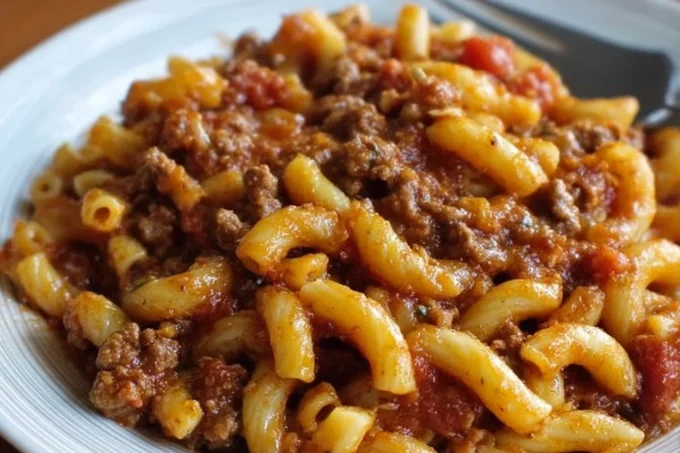 Delicious Beef Macaroni Goulash served in a bowl with rustic decor