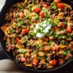 Beef Taco Skillet served in a cast iron pan with toppings.