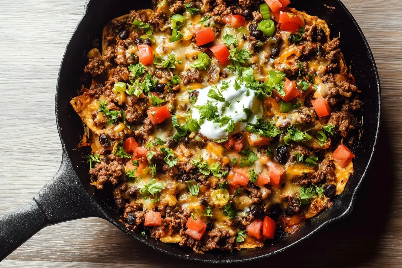 Beef Taco Skillet served in a cast iron pan with toppings.