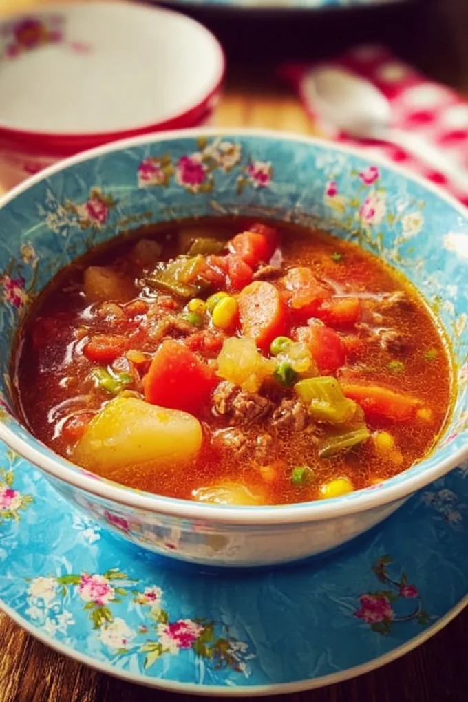Bowl of delicious beef vegetable soup with colorful vegetables and tender beef
